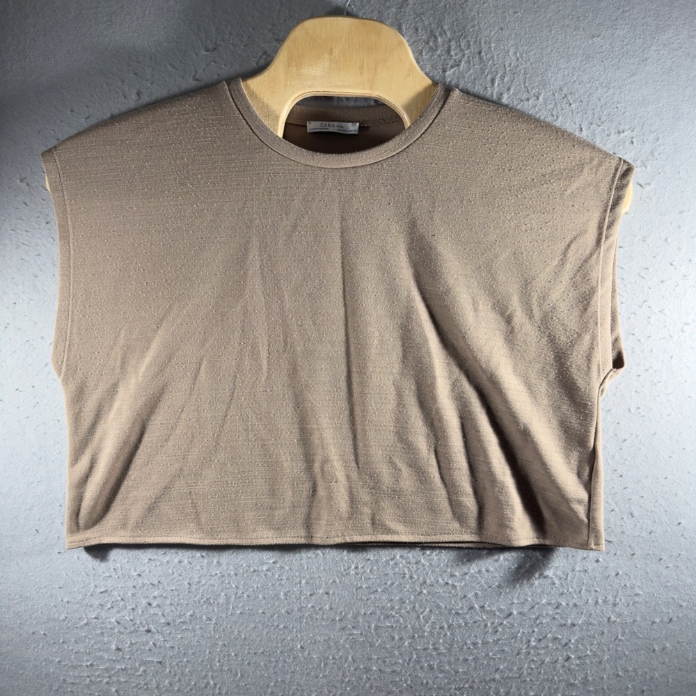 3213 | Zara Textured Knit Boxy Crop Top Tan Beige Minimalist Women M